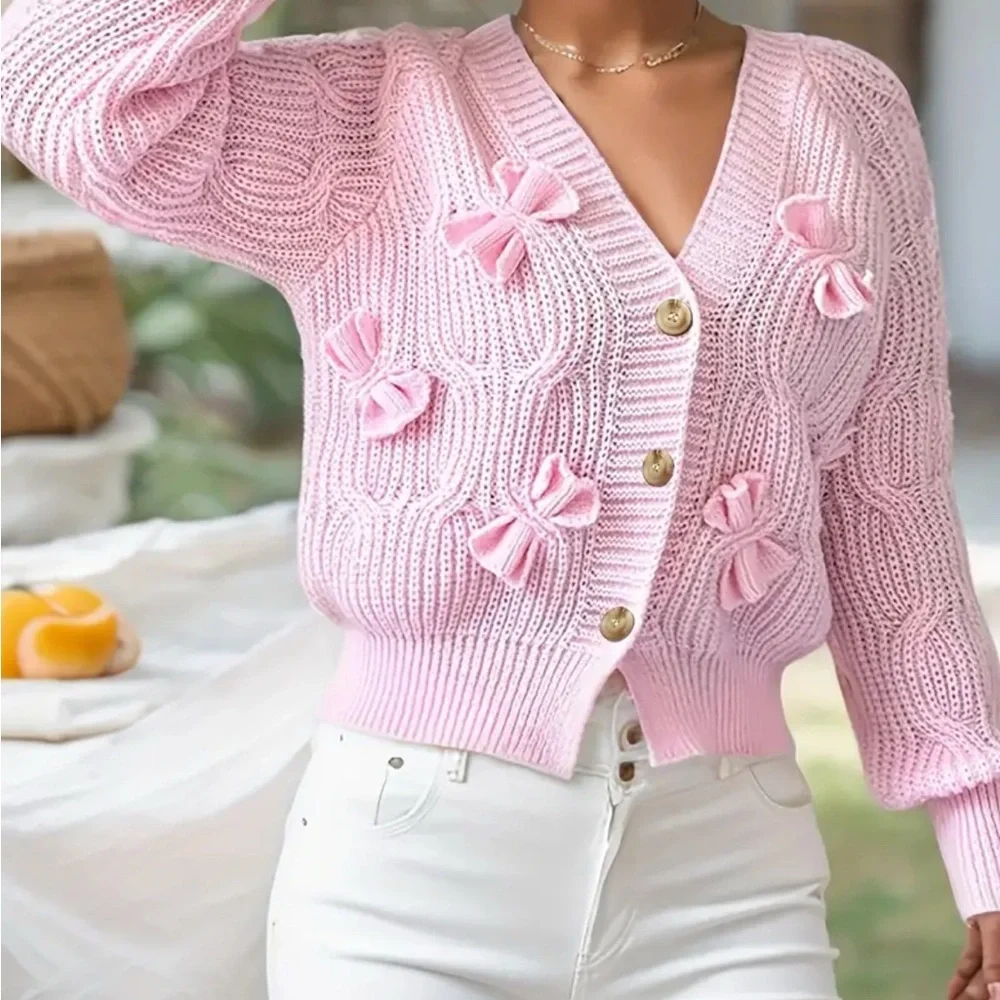 New Cardigan Pink Knitted Women's Sweater with Bow Details - Picture 3 of 6